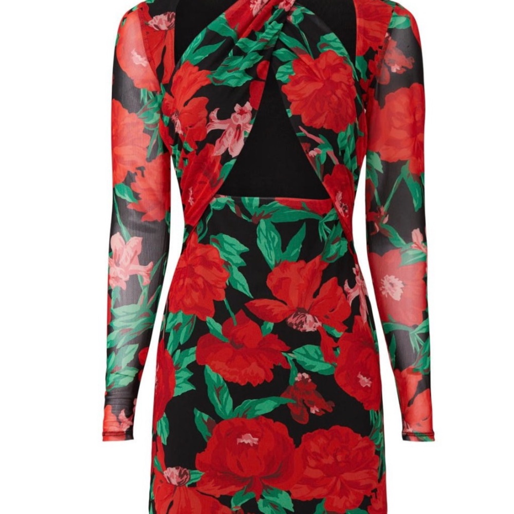 AFRM Red and Green Floral Long Sleeve Dress